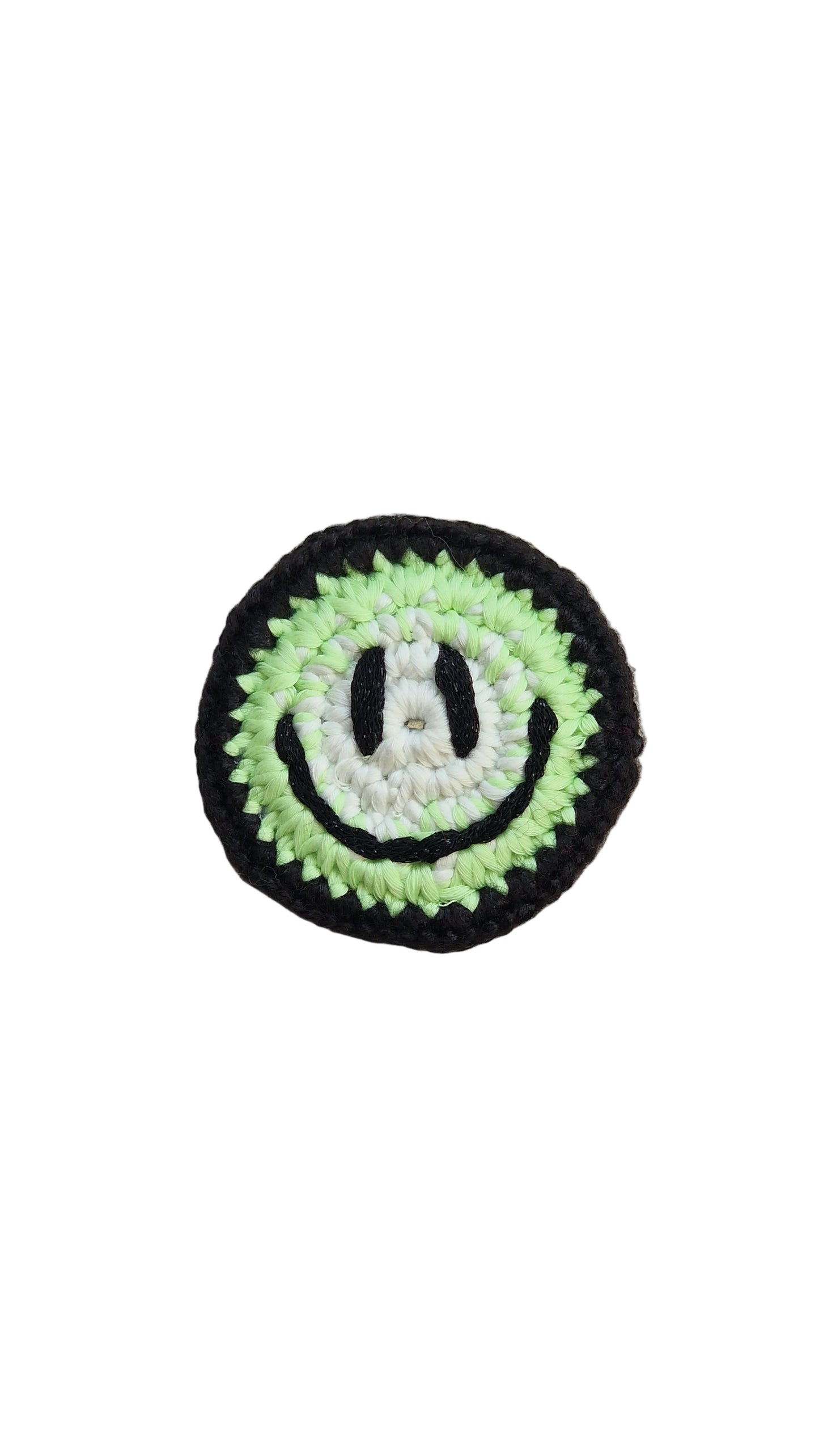 Hand-crochet acid house face badge neon fade multicolour gradient 90s rave pin Free Range Smilies Qravers London