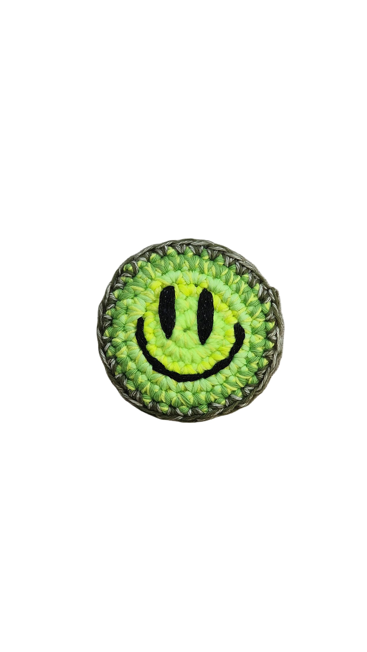Hand-crochet acid house face badge neon lime yellow 90s rave pin Free Range Smiles Qravers London