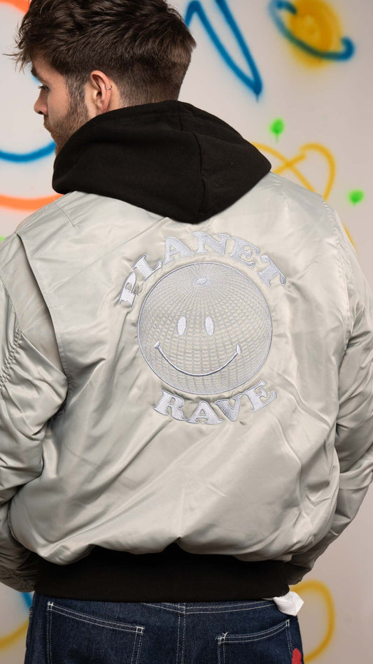 Embroidered Planet Rave MA-2 Bomber Jacket Silver