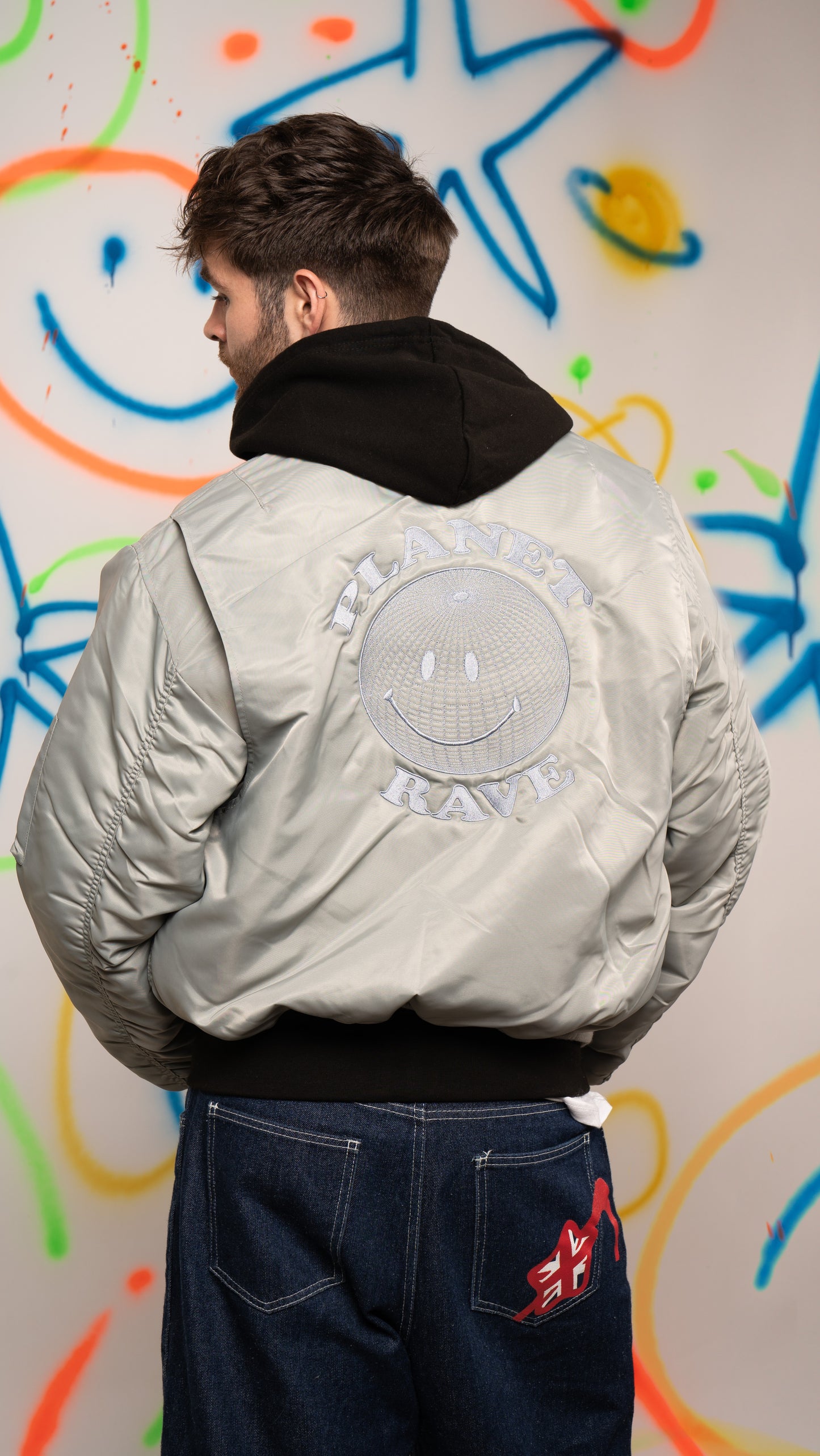 90s Style Embroidered Planet Rave MA-2 Bomber Jacket Silver