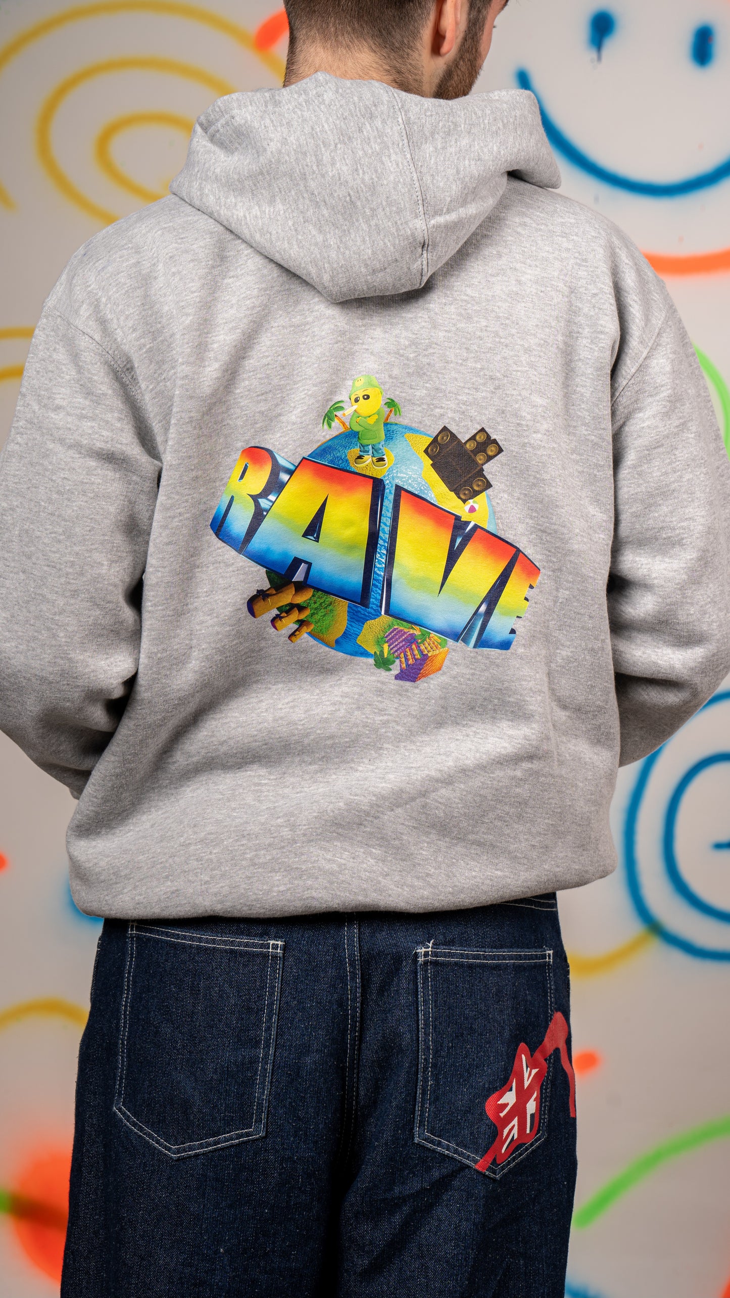 Rave World Kapuzenpullover mit 3D-Vorder- und Rückseitendruck, Grau