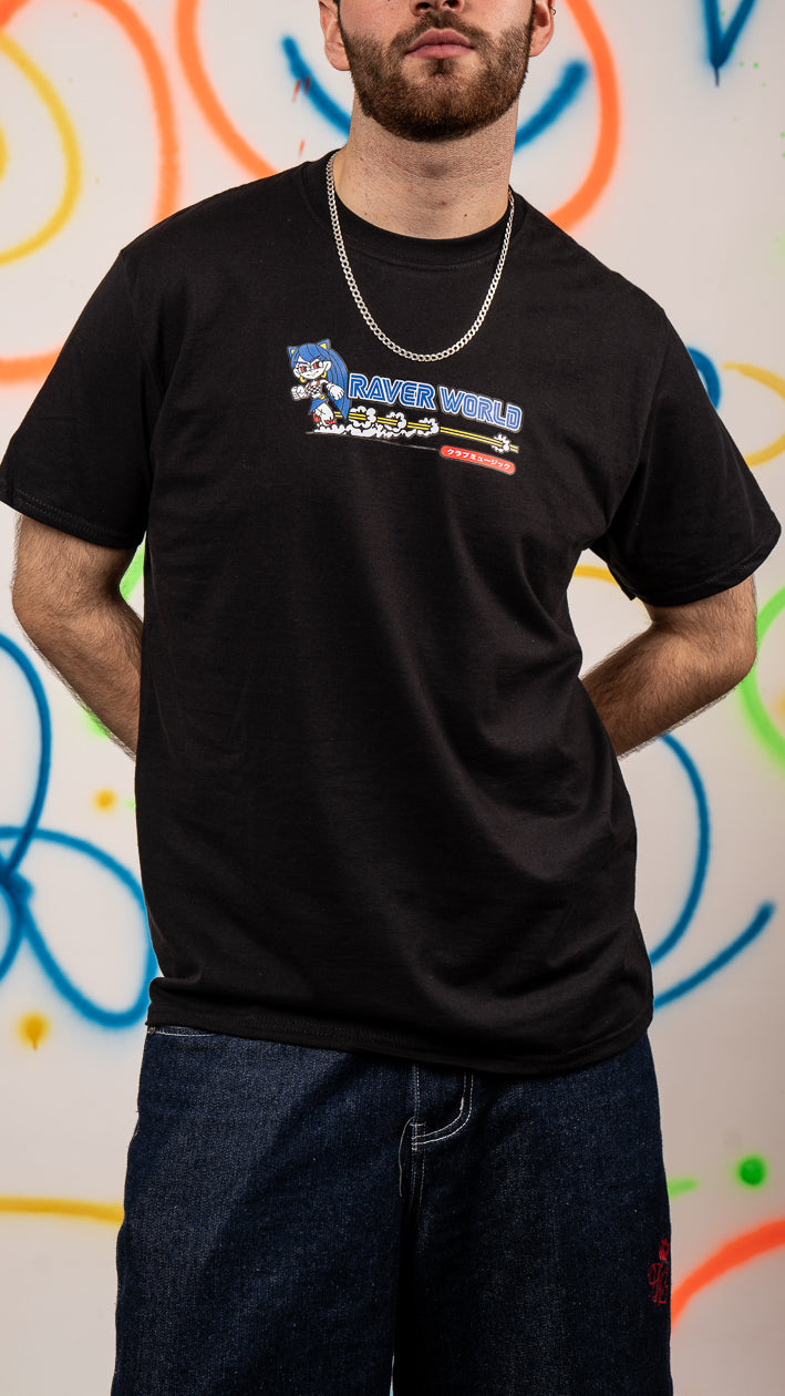Raver World T-shirt met korte mouwen en voor- en achterkantprint, zwart
