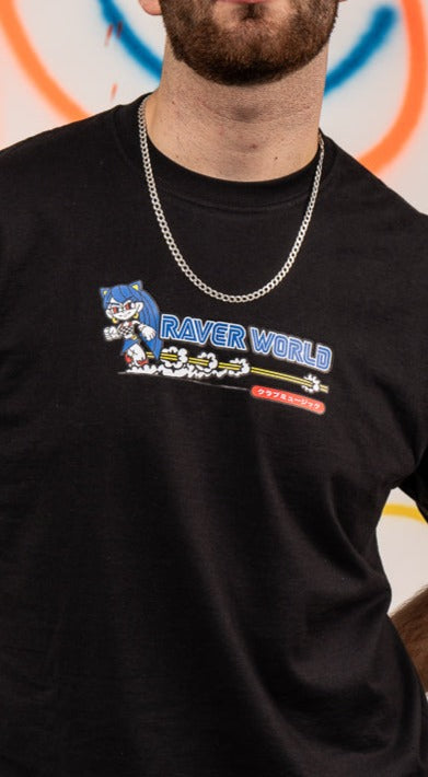 Raver World T-shirt met korte mouwen en voor- en achterkantprint, zwart