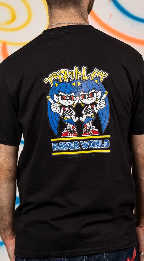 Raver World Kurzarm-T-Shirt mit Front- und Rückendruck in Schwarz