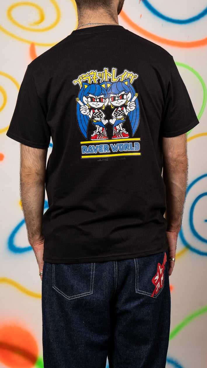 Raver World T-shirt met korte mouwen en voor- en achterkantprint, zwart