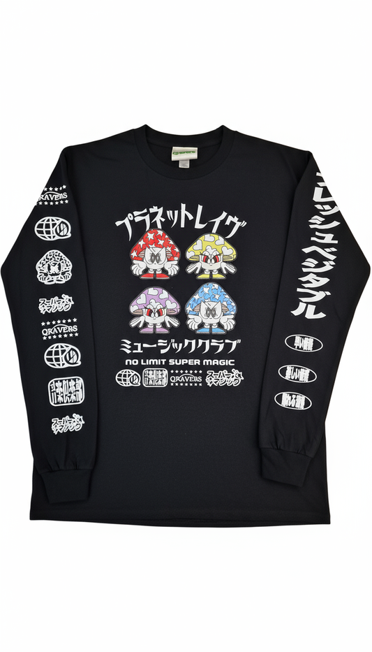 Black long sleeve with four mushrooms - flat lay