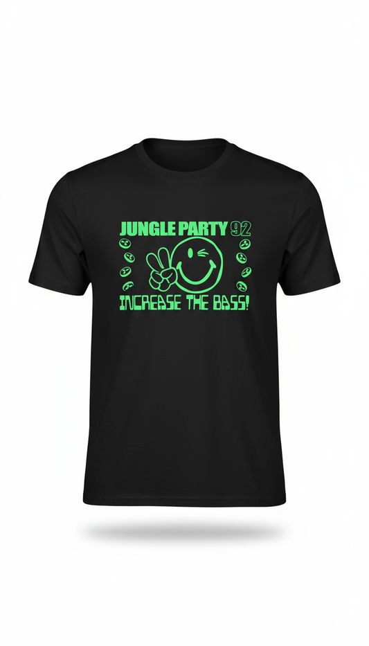 black Jungle Party 92 t-shirt with green 90s jungle rave graphic front view
