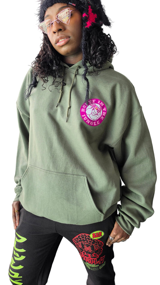 Rufff In The Jungle Front Print Hoody Green 90s Jungle Rave Clothing Qravers London
