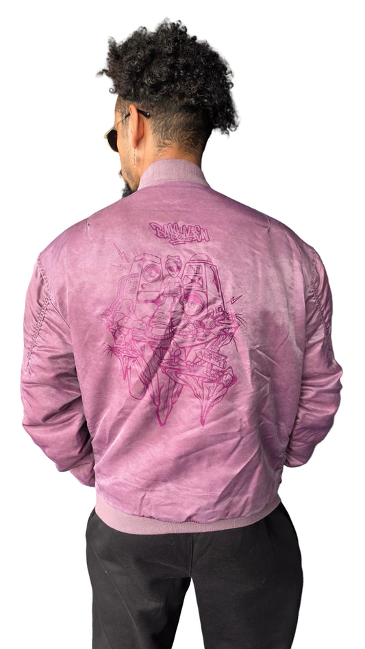 Purple stone wash Bass Alien MA-1 bomber jacket by Watcher Designs, worn by male model, Qravers London rave streetwear