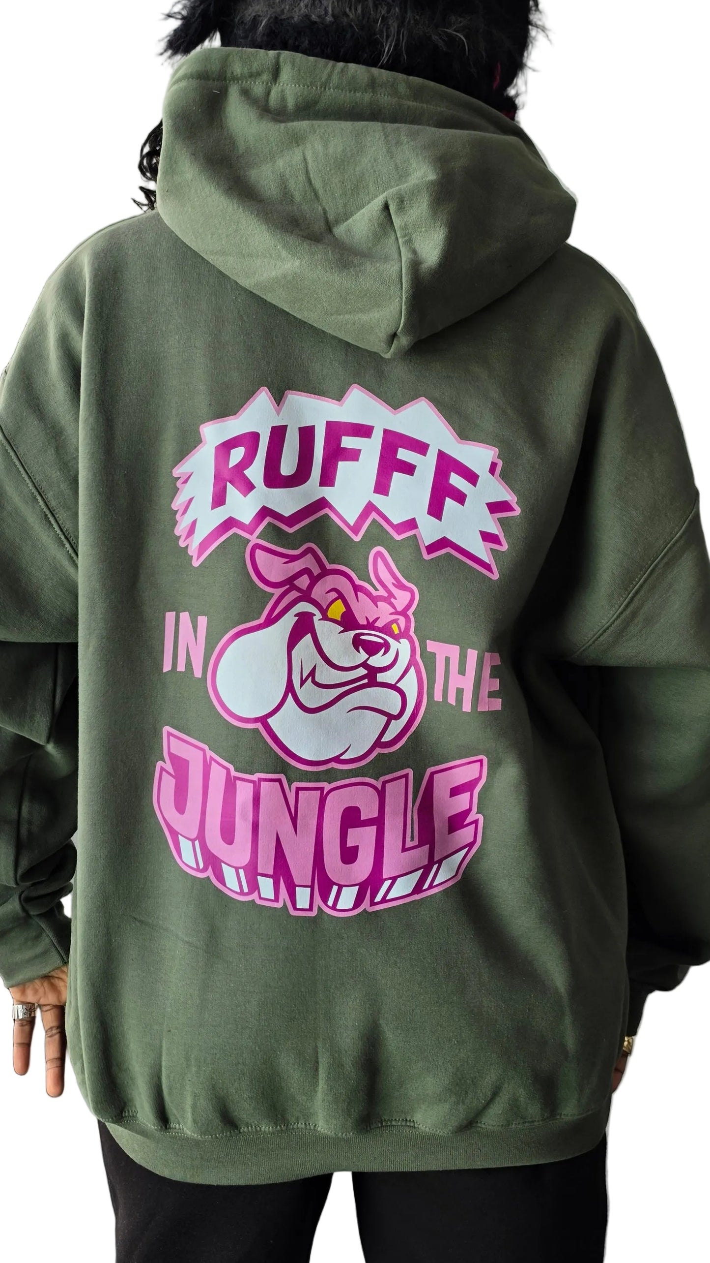 Rufff In The Jungle Back Print Hoody Green 90s Jungle Rave Clothing Qravers London