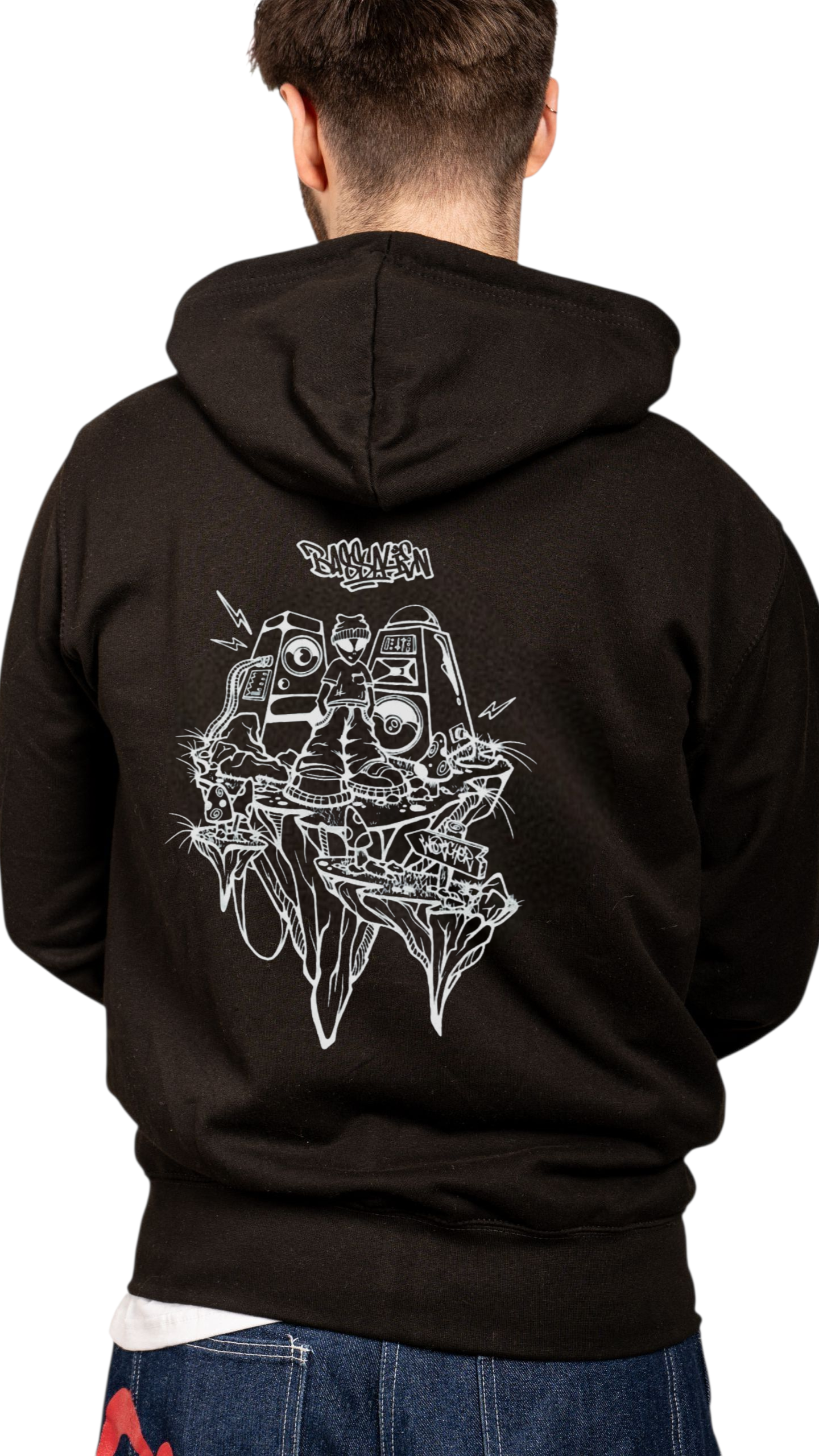Bass Alien Front & Back Hoody Black - Watcher Designs Rave Hoodie