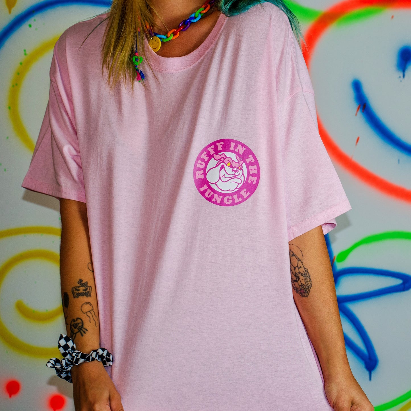 Rufff – „In The Jungle“-T-Shirt mit Print vorne und hinten, kurzärmelig, Rosa