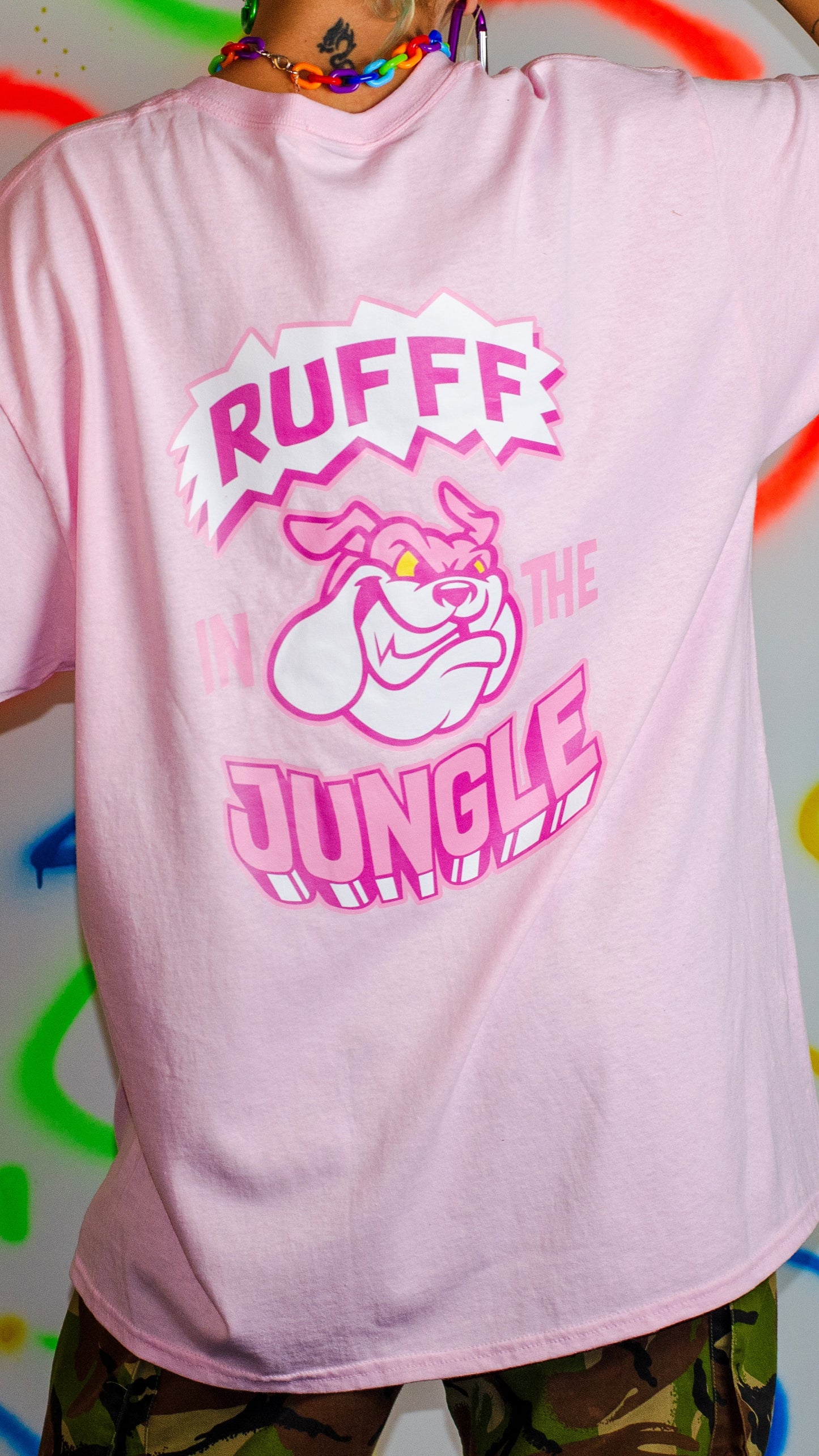 Rufff – „In The Jungle“-T-Shirt mit Print vorne und hinten, kurzärmelig, Rosa