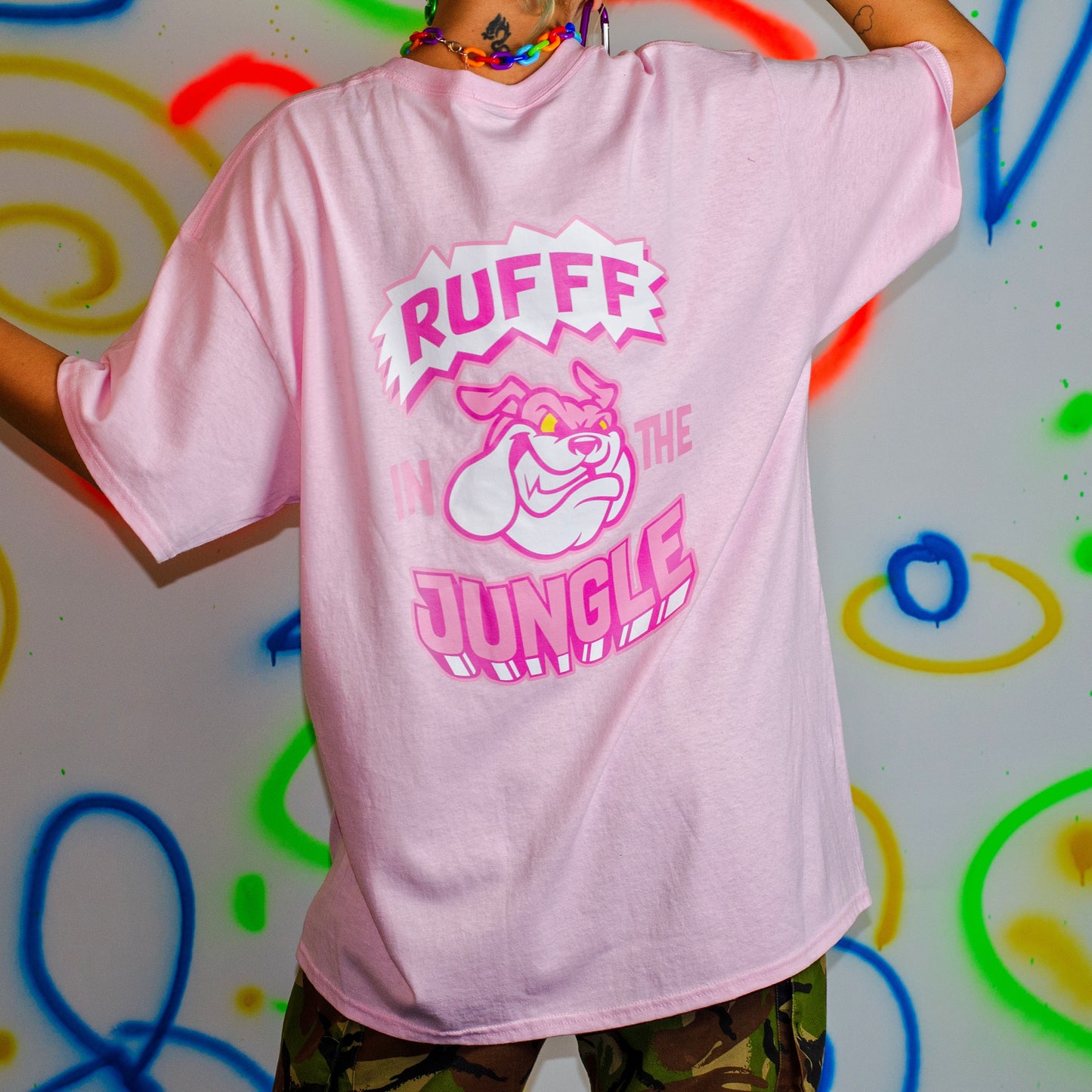 Rufff – „In The Jungle“-T-Shirt mit Print vorne und hinten, kurzärmelig, Rosa