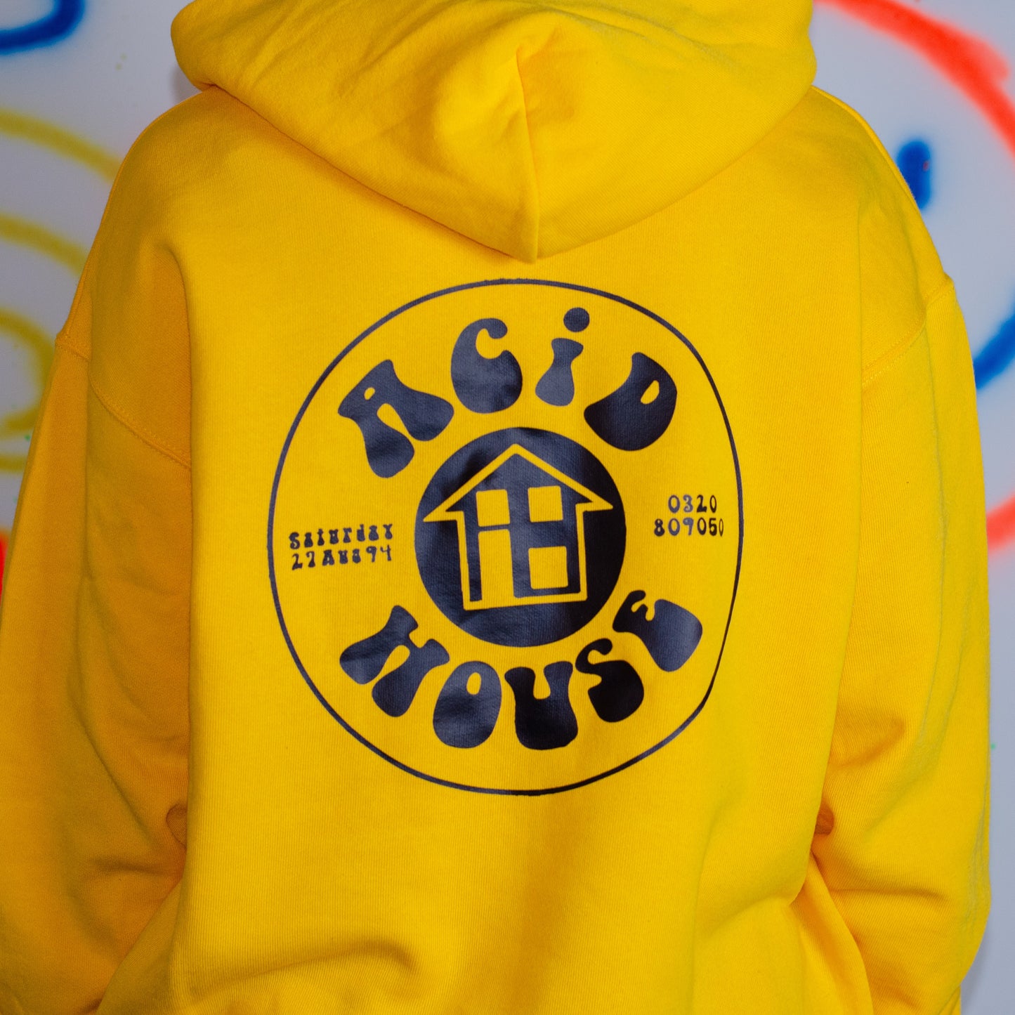Acid House voor- en achterkant print gouden hoody