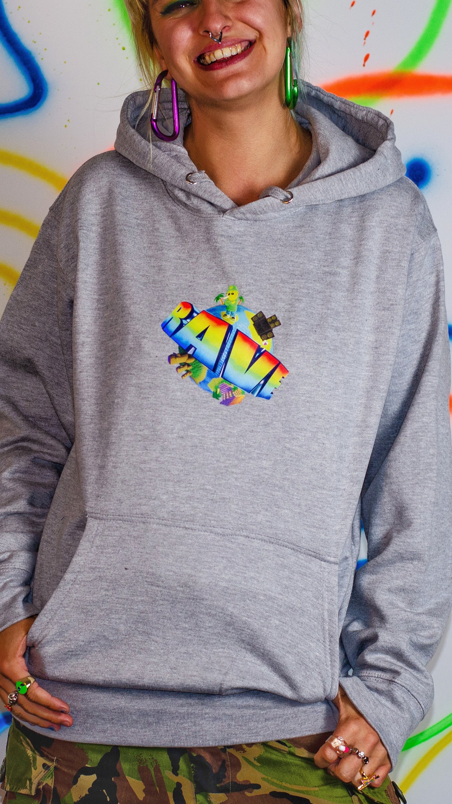 Rave World Kapuzenpullover mit 3D-Vorder- und Rückseitendruck, Grau