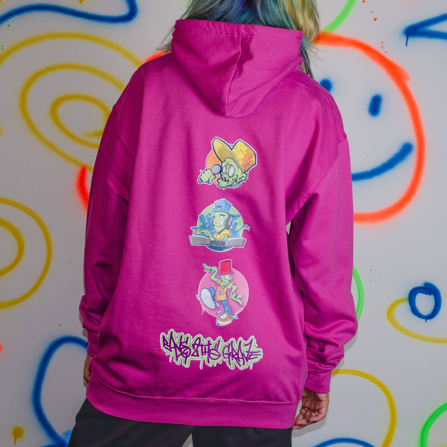 Cans Zombie Raver Kapuzenpullover mit Front- und Rückendruck, Lila
