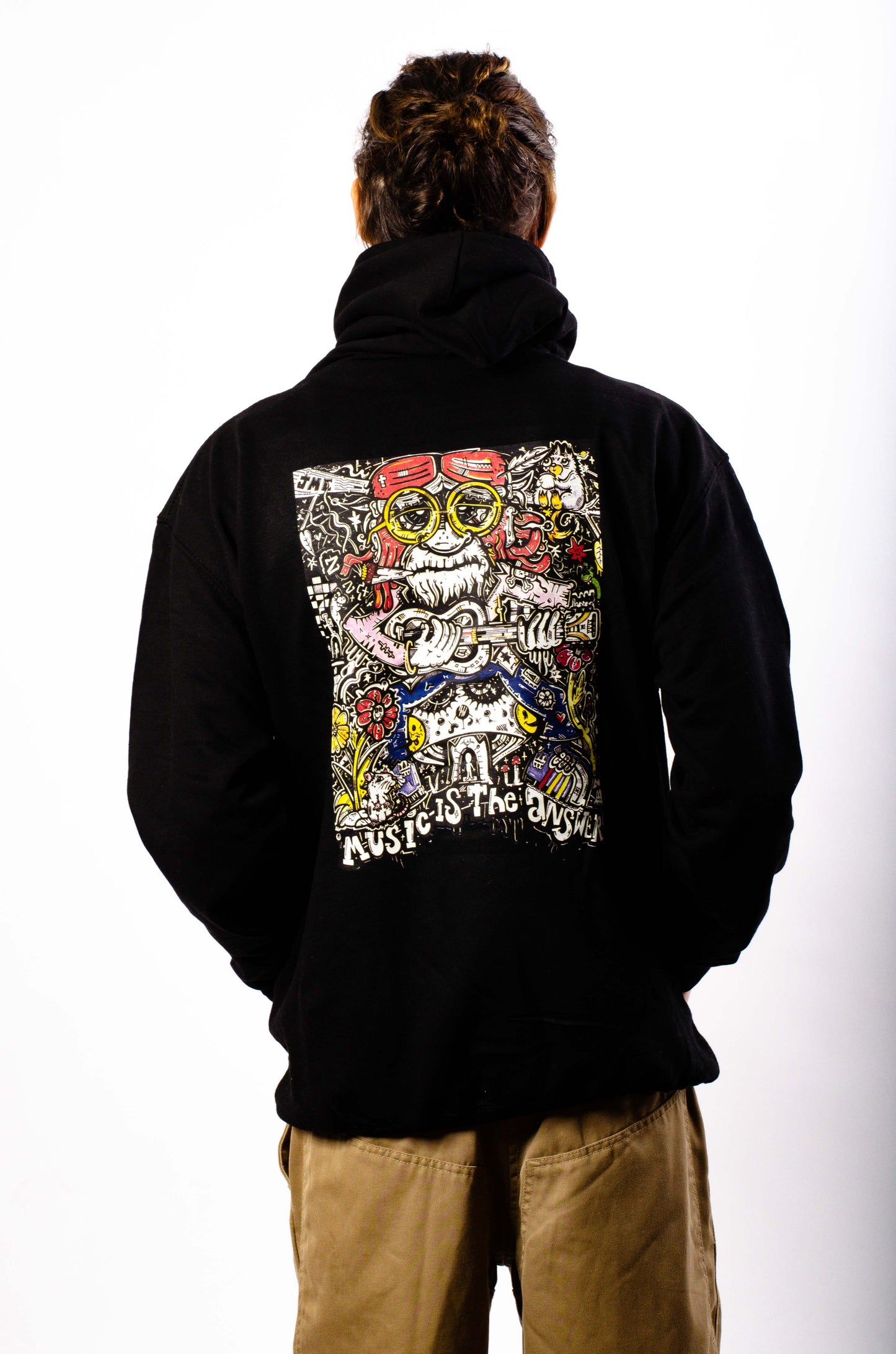 Music Is The Answer – Jamcee-Kapuzenpullover mit Front- und Rückendruck, Schwarz