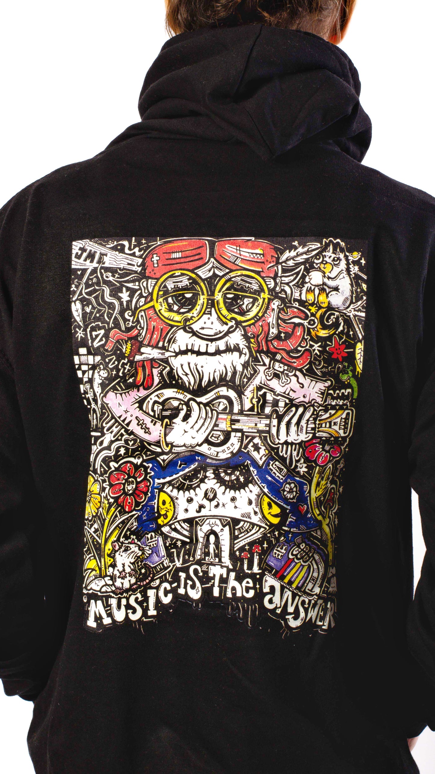 Music Is The Answer – Jamcee-Kapuzenpullover mit Front- und Rückendruck, Schwarz