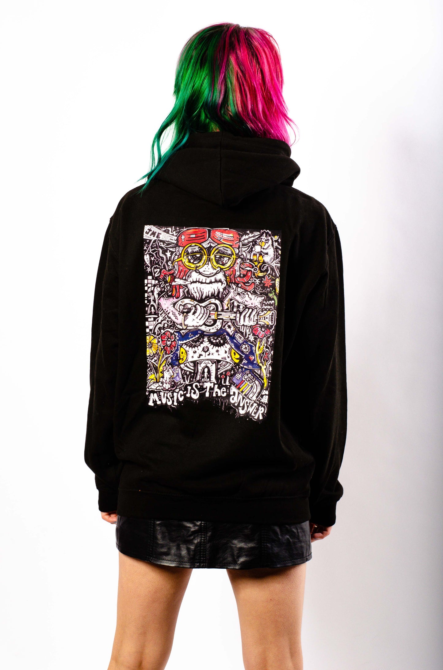 Music Is The Answer – Jamcee-Kapuzenpullover mit Front- und Rückendruck, Schwarz