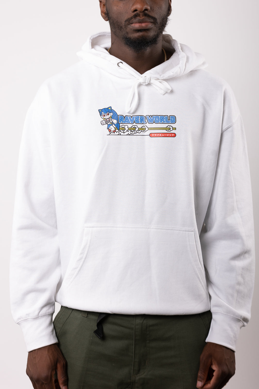 Kapuzenpullover „Raver World“ mit Front- und Backprint in Weiß
