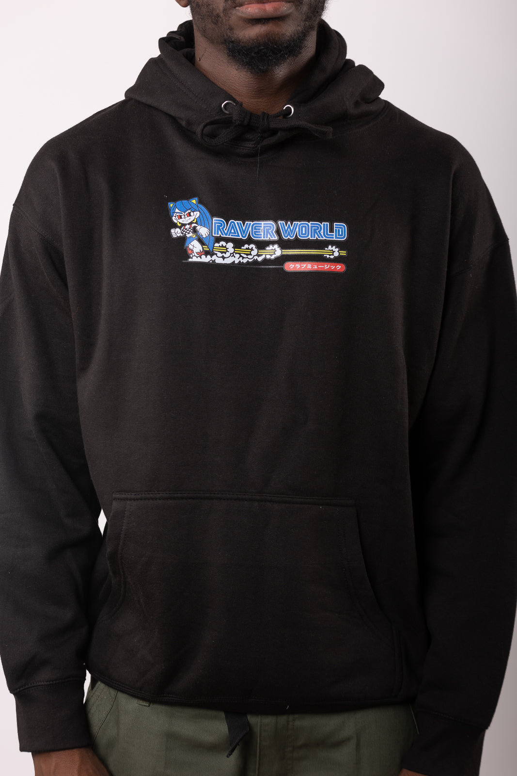 Raver World Hoody met print op voor- en achterkant, zwart