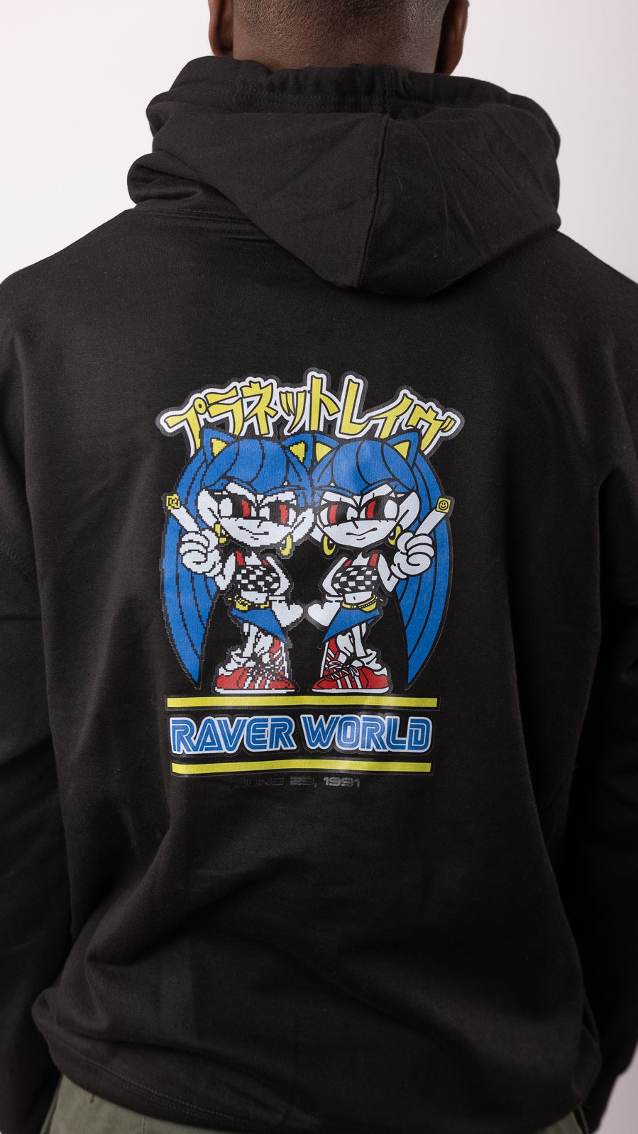 Raver World Hoody met print op voor- en achterkant, zwart