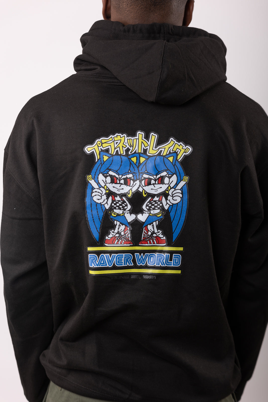 Raver World Hoody met print op voor- en achterkant, zwart