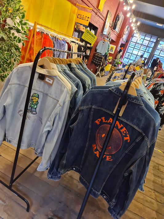 Sustainable Rave Clothing Reworked Vintage Denim Jacket Embroidered Acid House Qravers London