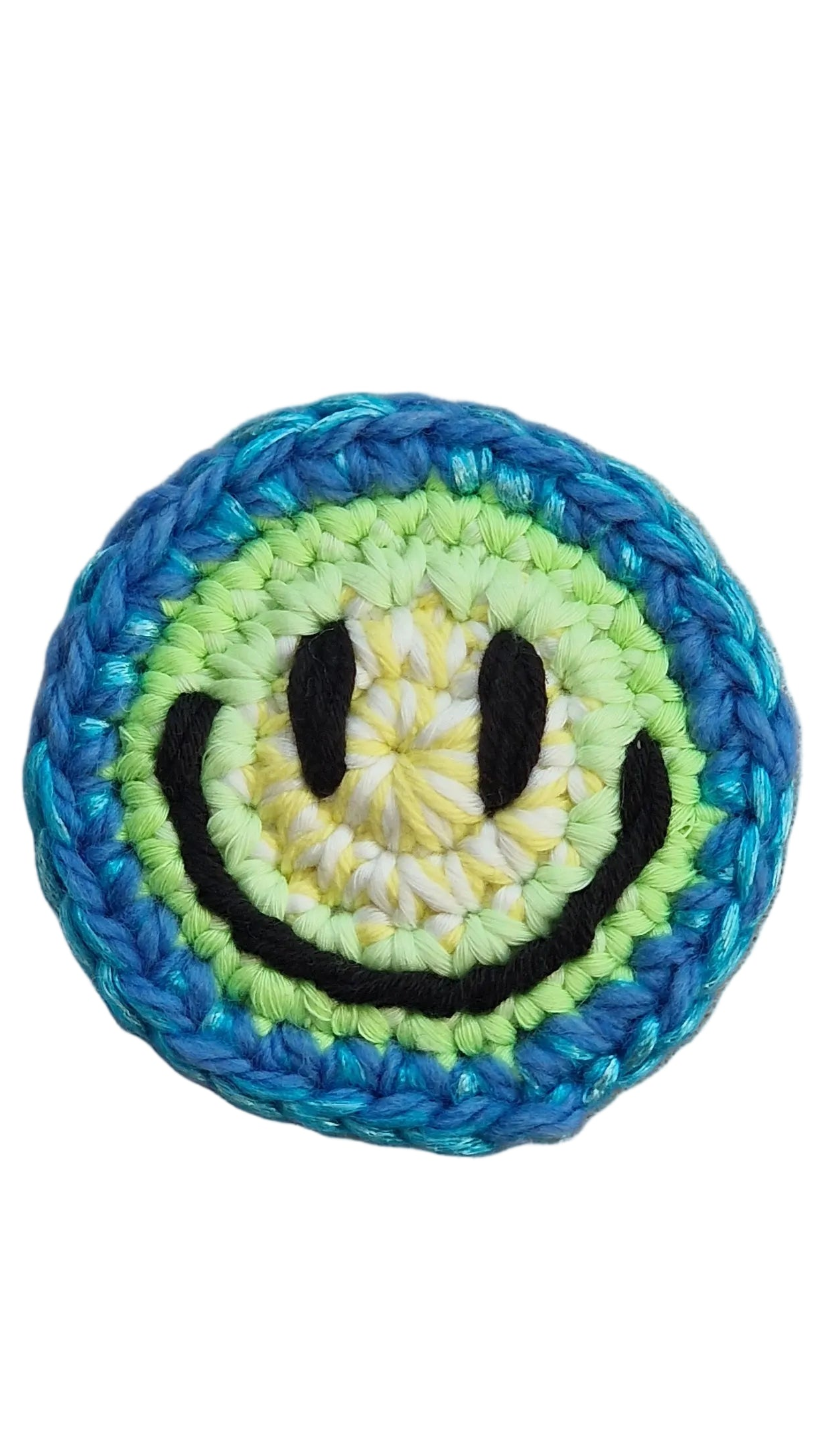Hand-crochet acid house face badge electric blue 90s rave pin Free Range Smilies Qravers London