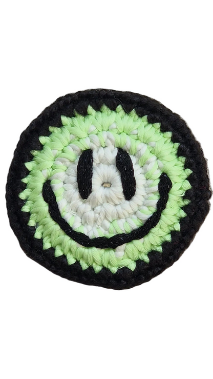 Hand-crochet acid house face badge neon fade multicolour gradient 90s rave pin Free Range Smilies Qravers London
