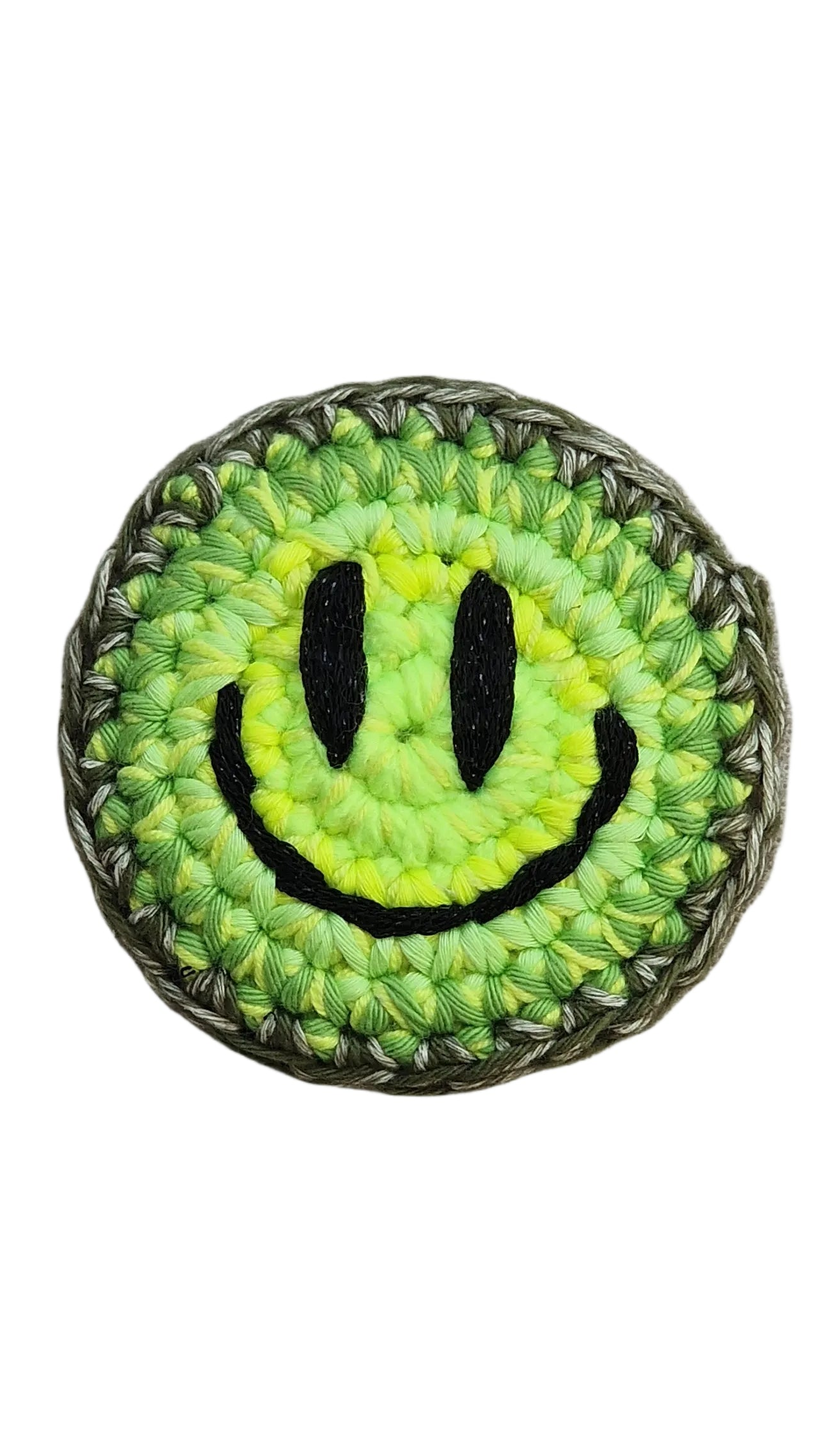 Hand-crochet acid house smile face badge neon lime yellow 90s rave pin Free Range Smiles Qravers London