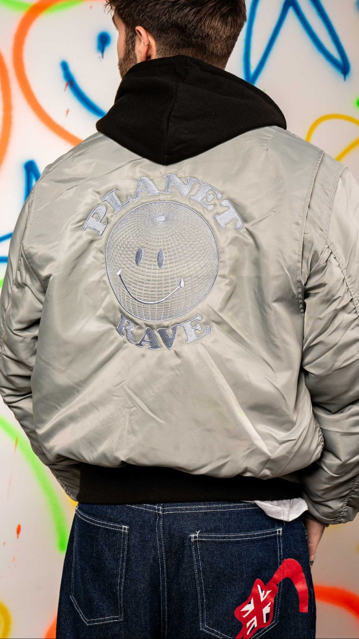 Embroidered Planet Rave MA-2 Bomber Jacket Silver