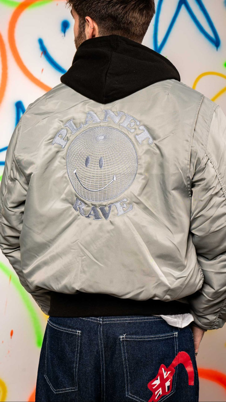 Wave Rave Jacket Embroidered Planet Rave MA-2 Bomber Jacket Silver - Rave Bomber | Qravers