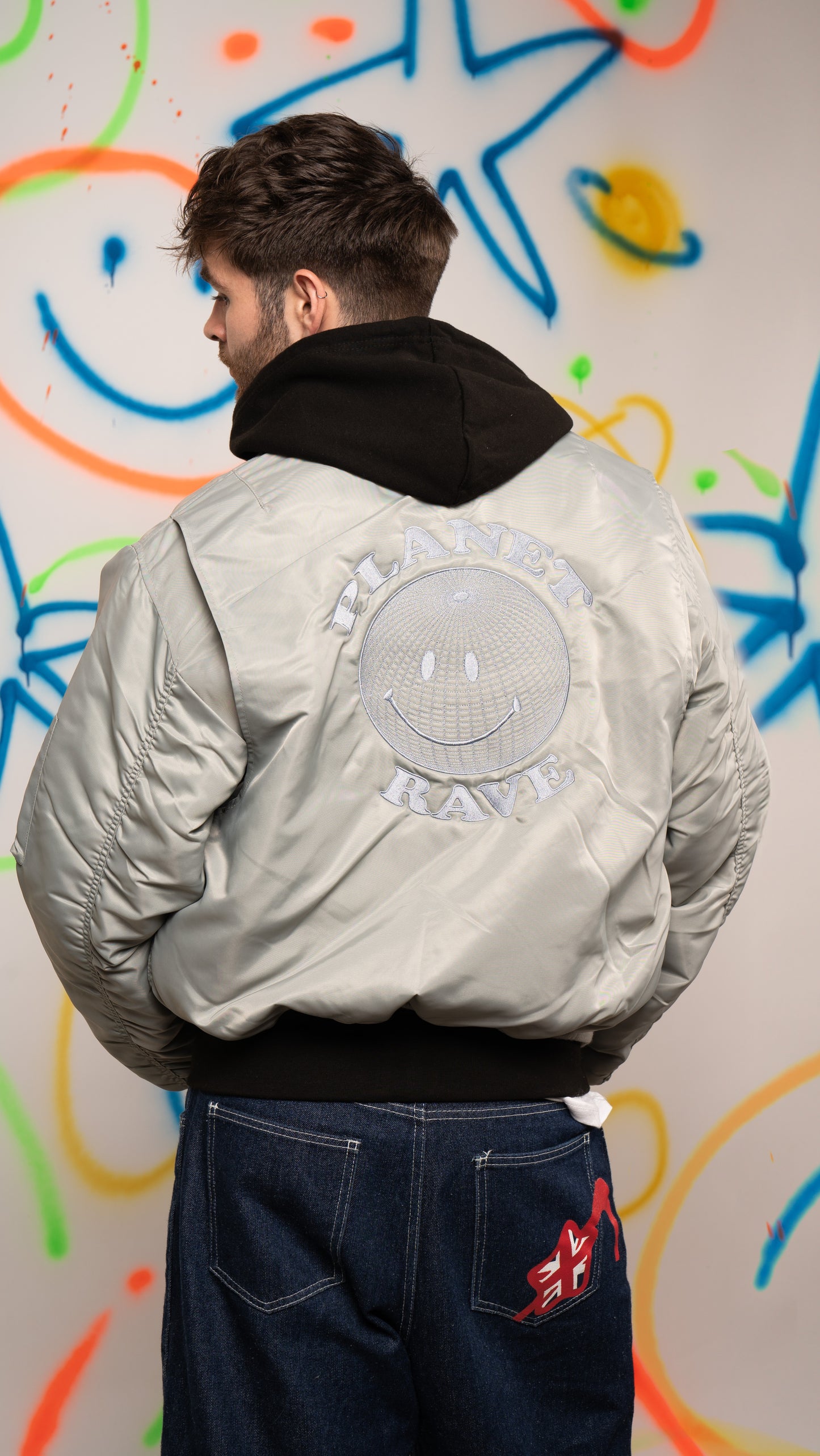 Embroidered Planet Rave MA-2 Bomber Jacket Silver