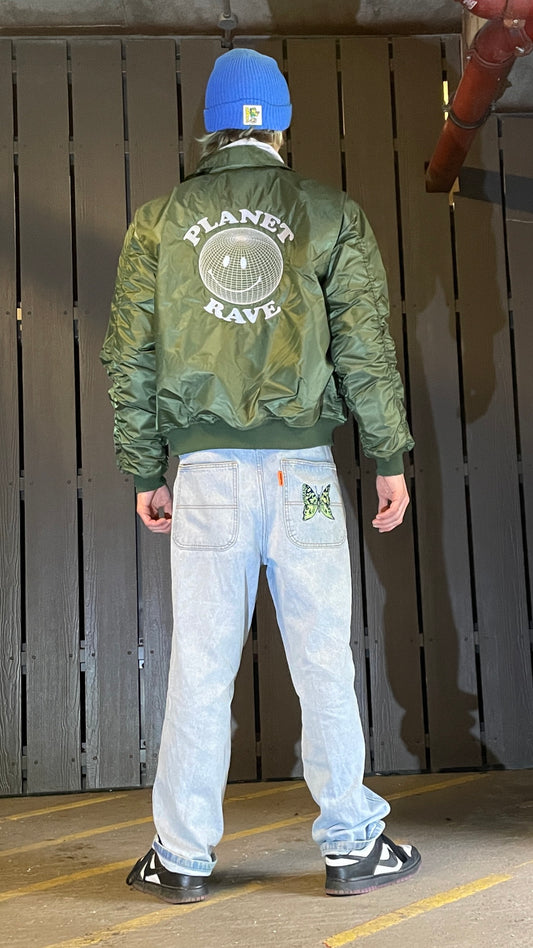 Embroidered Planet Rave MA-2 Bomber Jacket Green