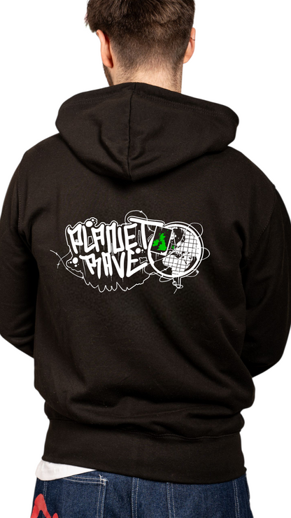 Planet Rave Graff Front & Back Print Zip Hoody Black