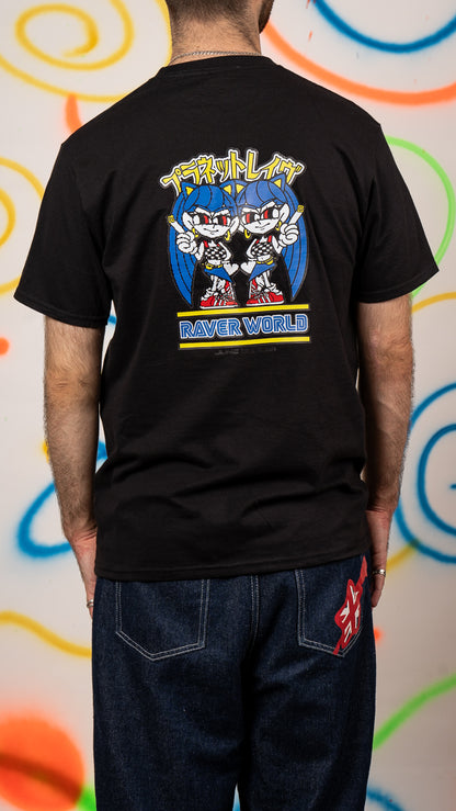 Raver World T-shirt met korte mouwen en voor- en achterkantprint, zwart