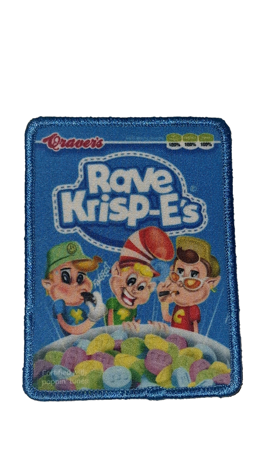 Patch of Rave Krisp-Es cereal box with cartoon characters on a blue background