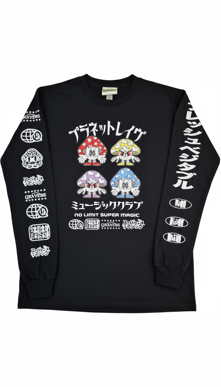 Black long sleeve with four mushrooms - flat lay