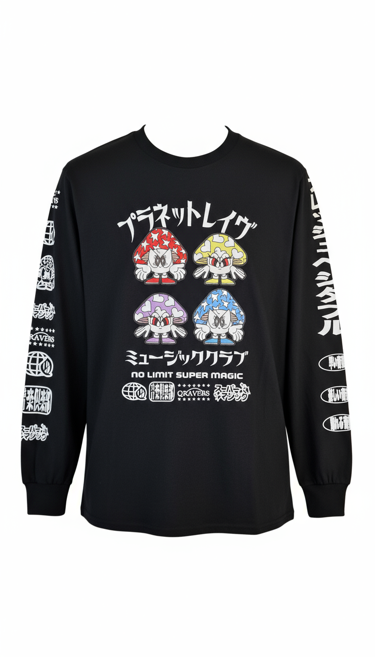 Black long sleeve with four mushrooms - ghost mannequin
