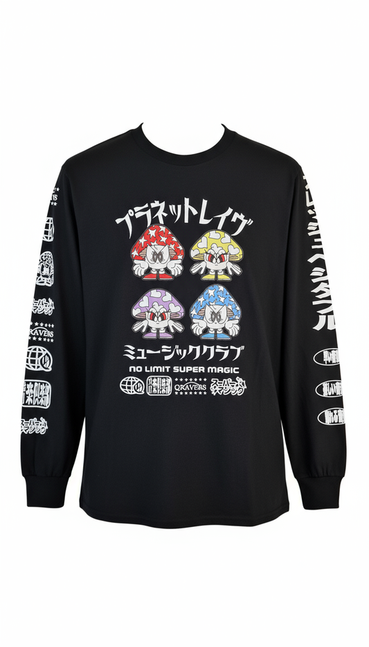 Black long sleeve with four mushrooms - ghost mannequin