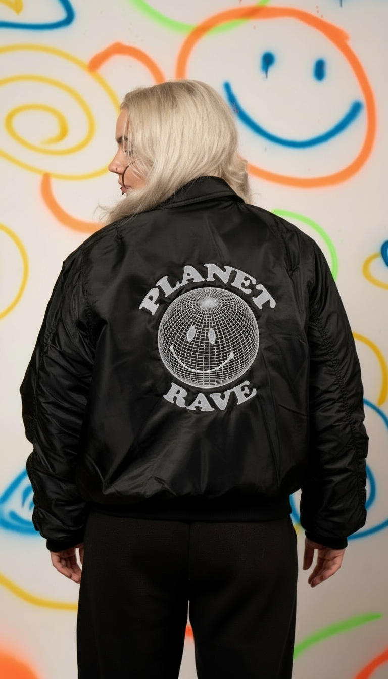 Black Planet Rave bomber jacket with plain joggers - back view