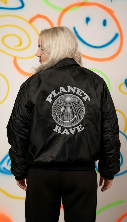 Black Planet Rave bomber jacket with plain joggers - back view