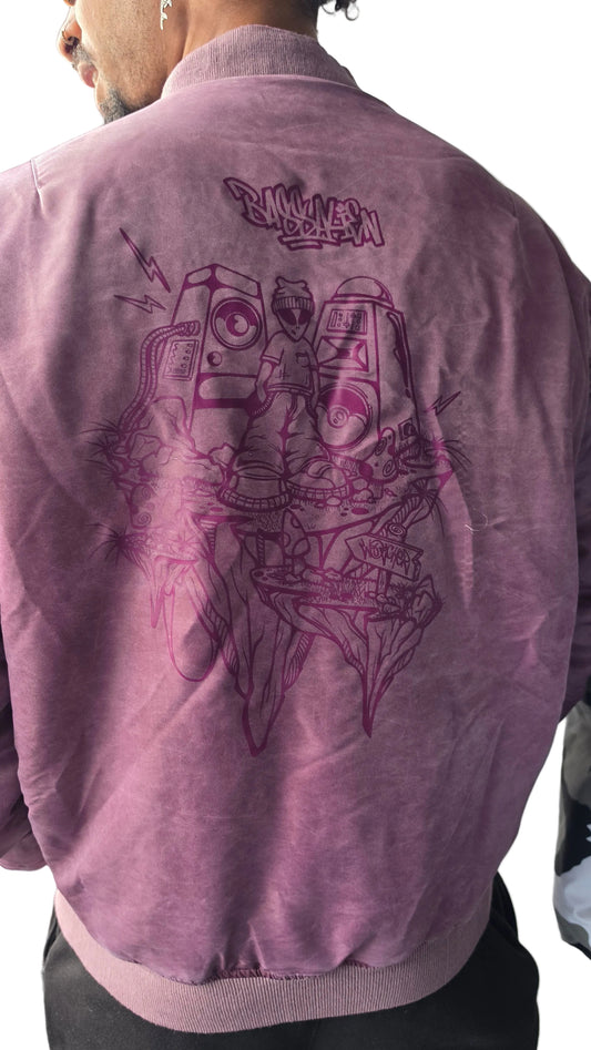 Purple stone wash Bass Alien MA-1 bomber jacket by Watcher Designs, worn by male model, Qravers London rave streetwear