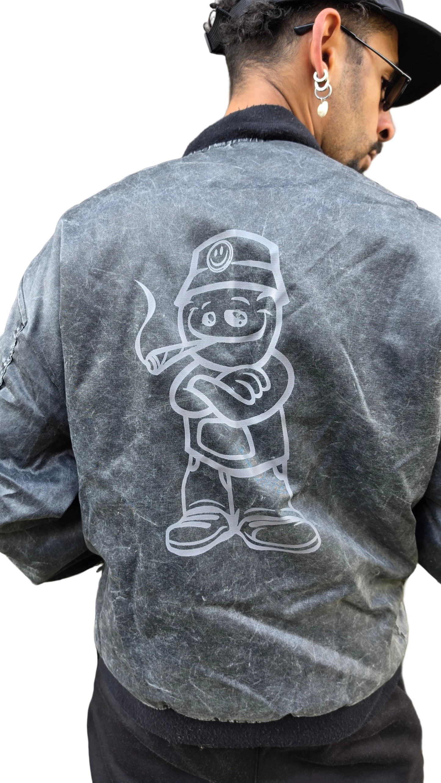 Qravers Man MA-1 Bomber Jacket Black Stone Wash MA-1 bomber jacket back print 90s rave clothing London Qravers