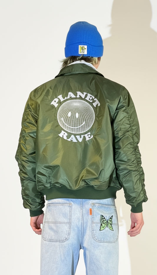 90s Style Embroidered Planet Rave MA-2 Bomber Jacket Green