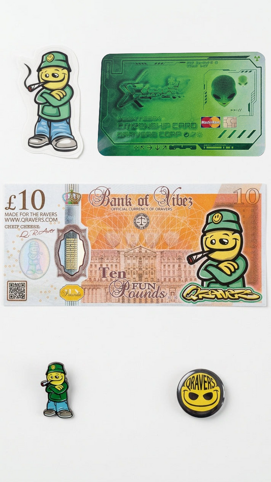 Qravers Membership Pack with green membership card, novelty banknote, Qravers Man sticker, enamel pin and smiley badge