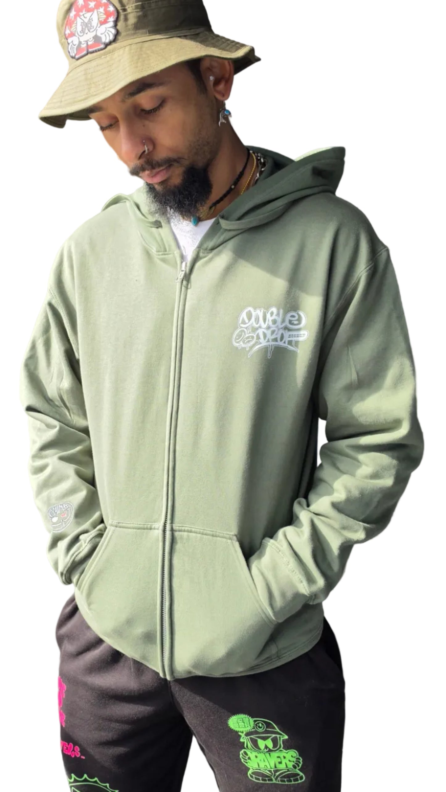 Double Drop Graff Front Print Zip Hoody Green DnB Rave Clothing Qravers London