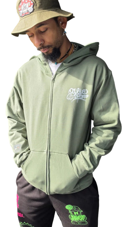Double Drop Graff Front Print Zip Hoody Green DnB Rave Clothing Qravers London